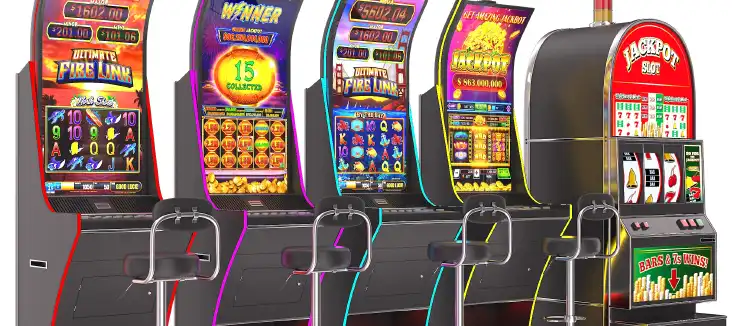 a row of 5 different slot machines