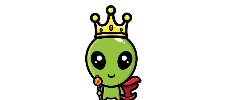 drawing of a cute alien wearing a crown, a cape and holding a sceptre