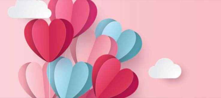 drawing of white, red and pink heart balloons lifting a gift up into the sky