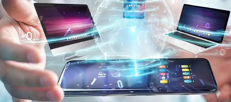 laptop, tablet and smartphones connected in space with a man