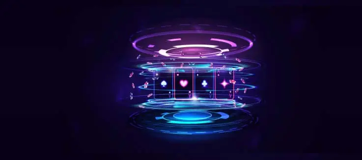blue neon digital poker chips and cards floating around in space