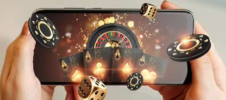 smartphone with casino imagery - roulette wheel and chips flying out