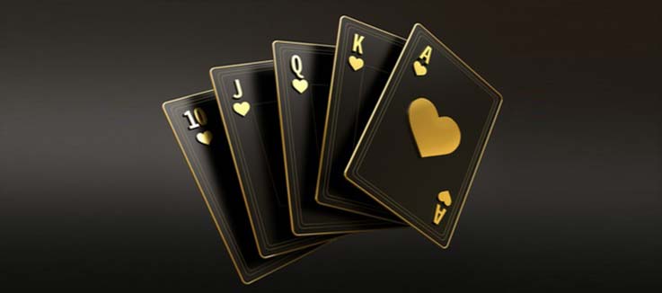 Poker hand 10, J, Q, K, A on gold and black cards on a black background